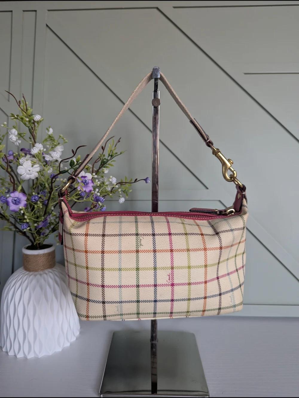 Coach Cream Plaid Canvas Shoulder Bag with Pink Accent